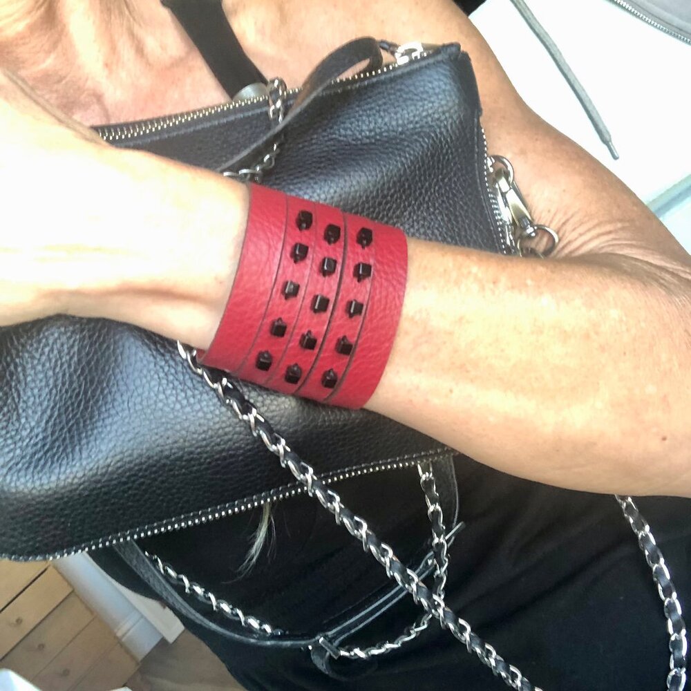 MishaGirl Handmade Wide Beaded Red Leather Cuff Bracelet
